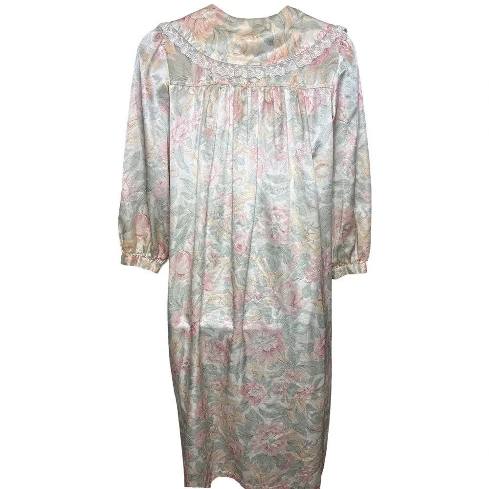 Vintage Aria Womens Pink Green Floral Nightgown Laced Sz M Shabby Chic Victorian